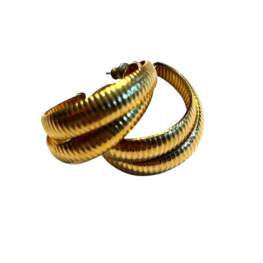 Pierced earrings textured goldtone double hoops mod fashion statement jewelry